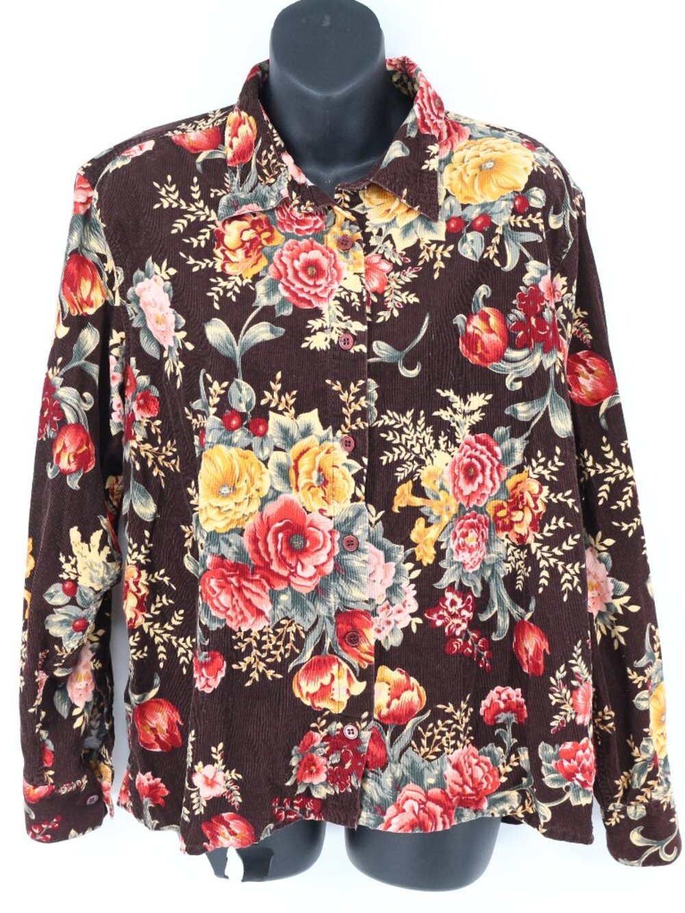 Cabin Creek Womens Floral Corduroy Button Shirt Size Large Long Sleeve